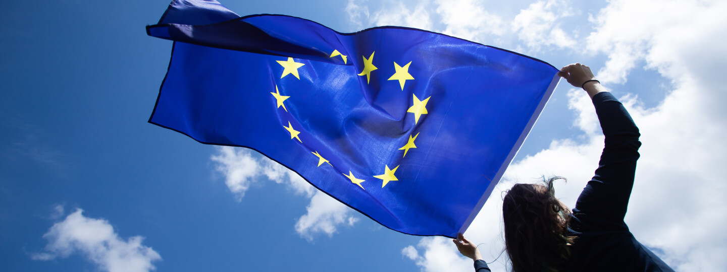 person holding and EU flag in wind