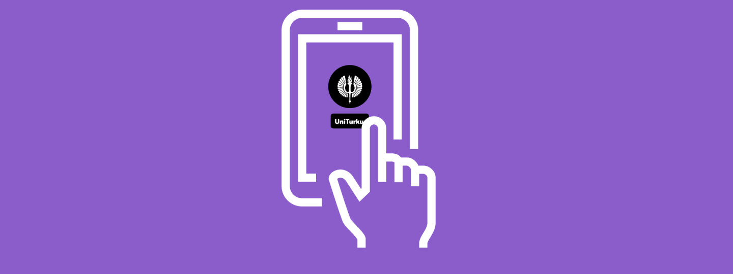 Valkoinen viivapiirros puhelimesta ja sormesta violetilla taustalla. Puhelimen näytöllä on Turun yliopiston profiilikuva.