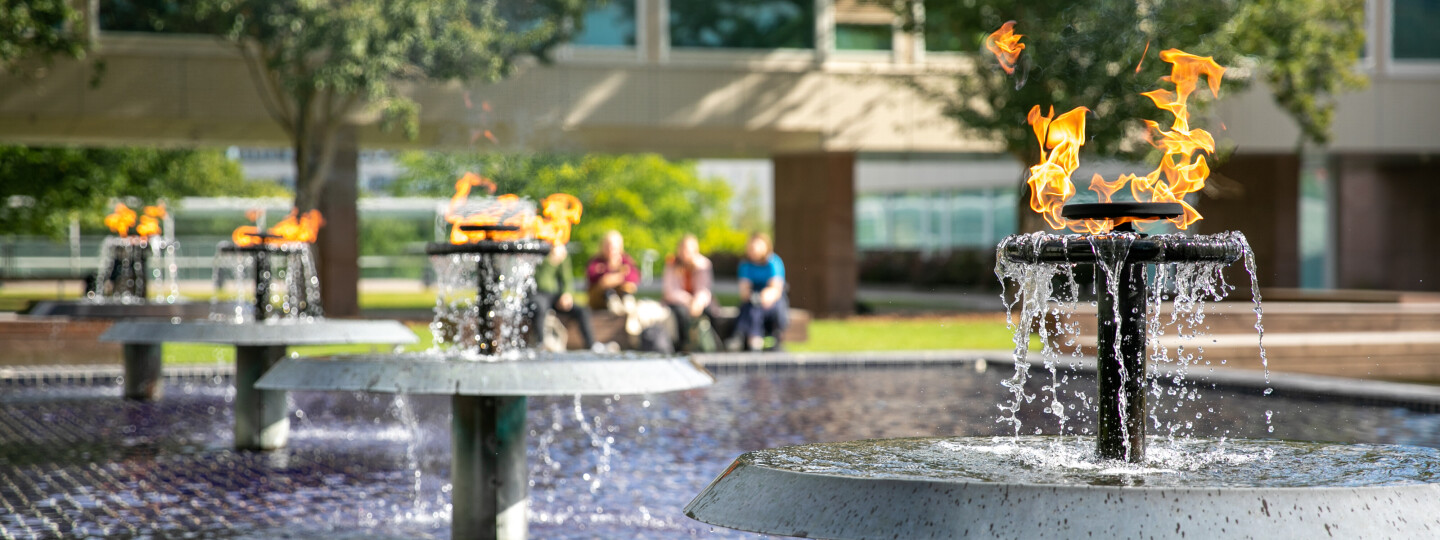 Fountain with fires on university hill