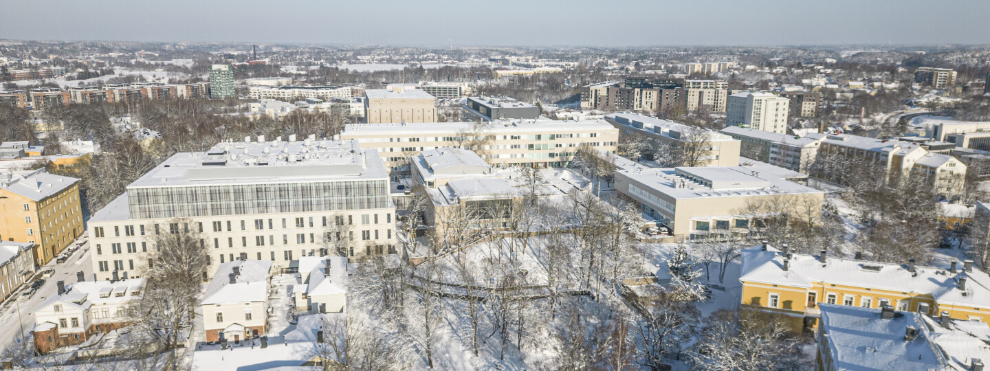 Aerial view of the university campus in winter