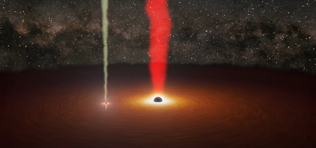 Kuvituskuvassa Mustat aukot kiertävät toisiaan. Molemmista mustista aukoista purkautuu kaasusuihku, isommasta punertavana ja pienemmästä kellertävänä. 