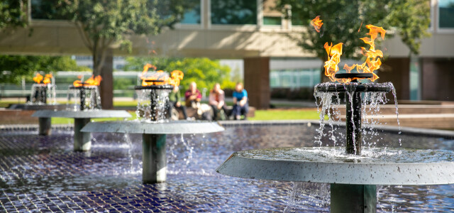 Fountain with fires on university hill