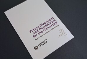 Printed version of the Future Directions and Possibilities for the University report with a white cover.