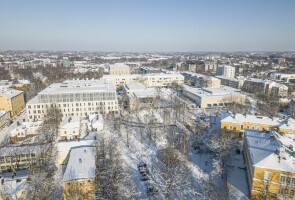 Aerial view of the university campus in winter